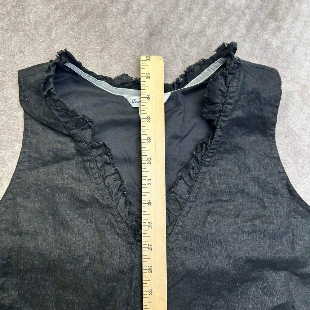 Tommy Bahama XL Black Linen Ruffle V-Neck Sleeveless Shift Dress Midi Frayed Hem - Picture 6 of 7